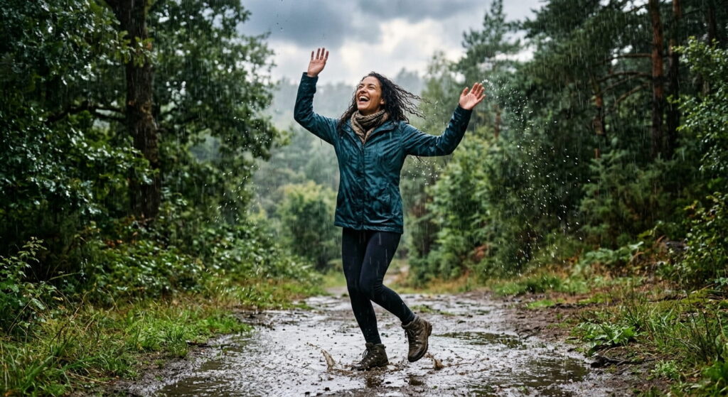 Glückliche Frau im Regen Regentanz Anleitung Wie macht man das